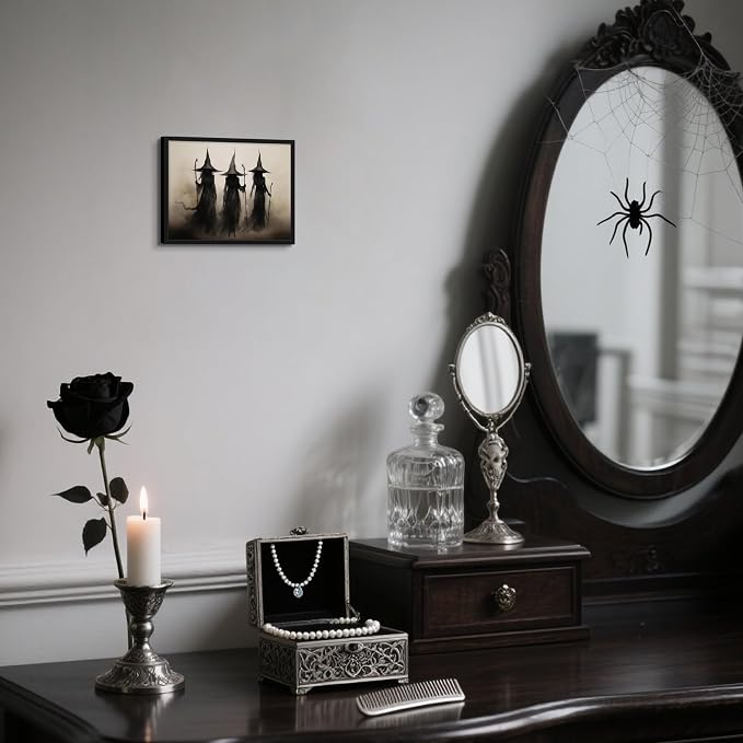 Framed Vintage Witch Canvas Wall Art - Halloween Witchy Wall Decor - Gothic Decor Aesthetics, Creepy Three Witches Rustic Macabre Dark Artwork Prints for Living Room Bedroom 8x10 inch