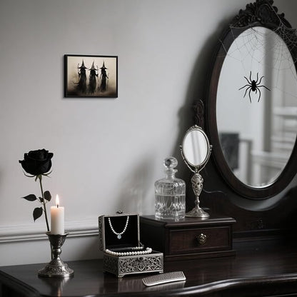 Framed Vintage Witch Canvas Wall Art - Halloween Witchy Wall Decor - Gothic Decor Aesthetics, Creepy Three Witches Rustic Macabre Dark Artwork Prints for Living Room Bedroom 8x10 inch