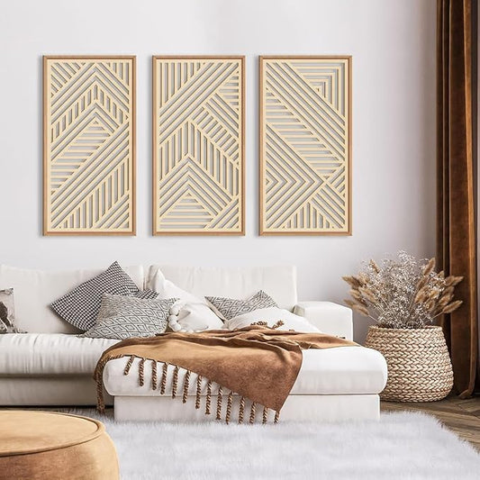 IARTTOP Large Boho Wooden Wall Art 16x32 Inch Framed Mid century Modern Wood Wall Decor Minimalist Modern Bohemian Decor for Dining Room Living Room Bedroom Set of 3
