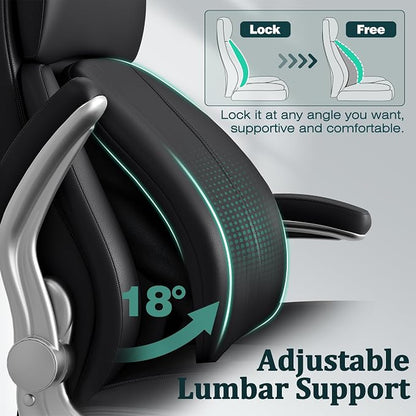 Executive Office Chair, Ergonomic Desk Chair, 500lbs Heavy Duty Comfy Computer Chair with Adjustable Lumbar Support, Flip-up Arms, Wide Thick Seat, High Back Office Chair for Back Pain