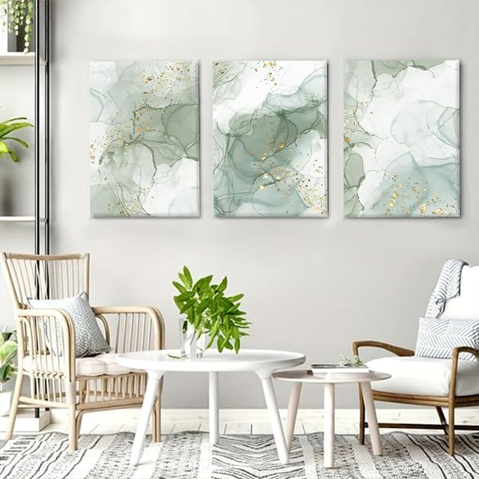 Green Wall Art Set of 3,Abstract Sage Green Wall Decor Living Room, Gold Green Beige Marble Large Framed Canvas Wall Art Mid Century Modern Art Pictures, Boho Green Aesthetic Wall Decor Bedroom Bathroom Office,16x24inch