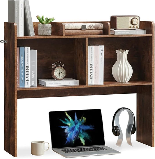 Nromant Desktop Bookshelf, Wooden Desk Storage Hutch with 5 Shelves, 3-Tier Desktop Display Organizer Rack for Office Home (Brown, 5 Shelves B)