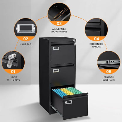 3 Drawer File Cabinet with Lock, Metal Filing Cabinets for Home Office, Vertical Black Locking File Caninet, Steel Narrow Three Drawer File Cabnet for Letter/Legal / A4 / B4- Assembly Required