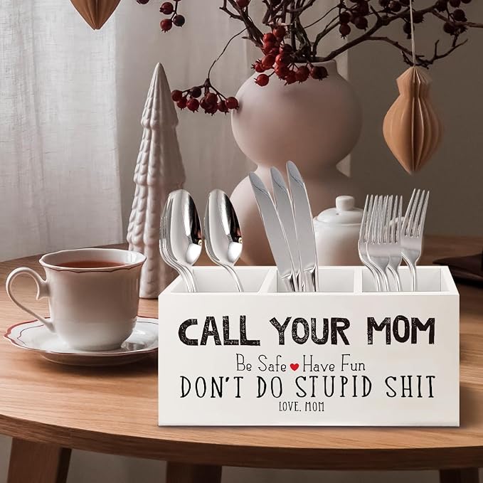 Funny Call Your Mom Wooden Pen Pencil Holder for Office Desk Accessories, Gifts for Freshman Son Daughter College Students Makeup Brush Toothbrush Holder Organizer for Bathroom