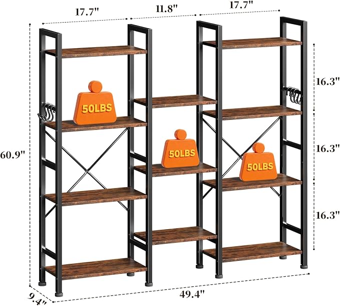 Furologee Triple 4 Tier Bookshelf, Bookcase with 11 Open Display Shelves, Large Book Shelf with 6 Hooks, Rustic Bookshelves Storage Organizer, Decorative Shelving Unit for Living Room, Home Office