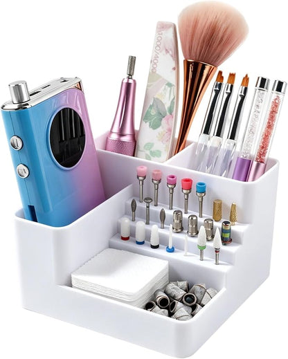 Nail Drill Holder, 21 Holes Nail Drill Machine & Bits Storage Box, Acrylic Nail Drill Bit Holder Professional Nail Tools Organizer, Nail Desk Organizer for Nail Tech (White)