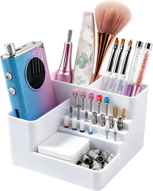Nail Drill Holder, 21 Holes Nail Drill Machine & Bits Storage Box, Acrylic Nail Drill Bit Holder Professional Nail Tools Organizer, Nail Desk Organizer for Nail Tech (White)