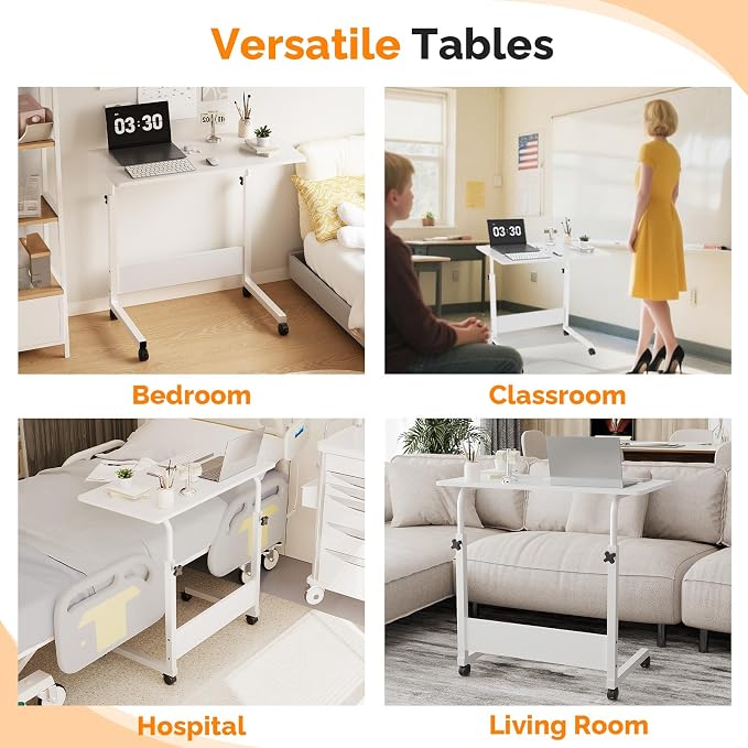 VINGLI Portable Computer Workstation, Standing Desk Adjustable Height, Small Computer Desk w/Rolling, Sit Stand Laptop Desk TV Tray for Bed Sofa Hospital Reading Eating, White, 31.5"