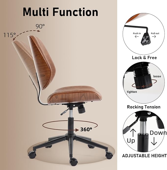 DYHOME Modern Walnut Home Office Chair with Wheels, Executive Office Desk Chair No Arms, Adjustable Height Small Desk Chair, Comfy PU, Deeper Cushion, Mid Back 360 Swivel Computer Chair, Brown