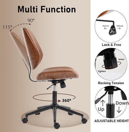 DYHOME Modern Walnut Home Office Chair with Wheels, Executive Office Desk Chair No Arms, Adjustable Height Small Desk Chair, Comfy PU, Deeper Cushion, Mid Back 360 Swivel Computer Chair, Brown