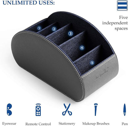 BONNY DODO Remote Control Holders Organizer Box with 5 Compartment PU Leather Multi-functional Office Desk Storage Caddy Store Tv Remote for Media Player,Brush,Pencil,Glassees&Office Supplies (Gray)
