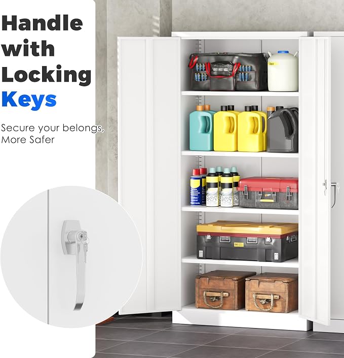INTERGREAT Metal Garage Storage Cabinet with Lock, 72" Storage Cabinet with Locking Doors and 4 Adjustable Shelves, Lockable Steel Tool Cabinet for Home Office, School,White