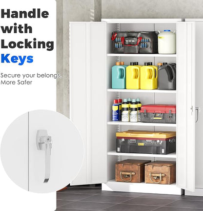 INTERGREAT Metal Garage Storage Cabinet with Lock, 72" Storage Cabinet with Locking Doors and 4 Adjustable Shelves, Lockable Steel Tool Cabinet for Home Office, School,White