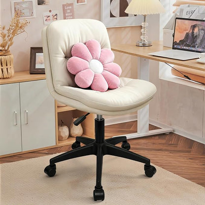 Small Office Desk Chair, PU Leather Armless Swivel Chair with Lumbar Pillow, Height Adjustable Task Chair for Small Spaces, Bedroom & Vanity Beige