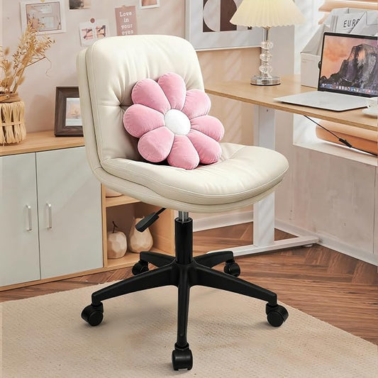 Small Office Desk Chair, PU Leather Armless Swivel Chair with Lumbar Pillow, Height Adjustable Task Chair for Small Spaces, Bedroom & Vanity Beige