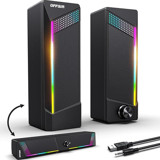 Computer Speakers, 2 in 1 PC Speaker , Gaming Speakers for PC Computer Laptop Desktop Monitor, RGB Speakers with Touch Sensitive Lighting, USB Powered 3.5mm Aux（Package Only Two Speaker, No Soundbar）