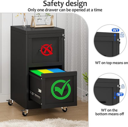 Small Metal 2-Drawer File Cabinet, Under Desk Office Cabinet, Black | Rolling, Locking, Adjustable Hanging Rail, Fit A4, FC, Letter, Hanging File Folders for Home Office Storage Organization, 1PS