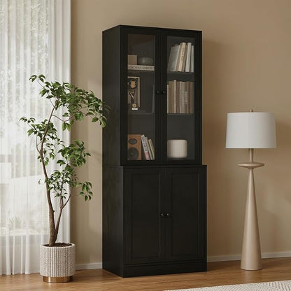 TUSY 71'' Bookshelf with Doors - 5 Tier Freestanding Tall Bookcase, Modern Storage Cabinet for Home Office, Curio Cabinets with Glass Door for Living Room, Bedroom (1, Black)