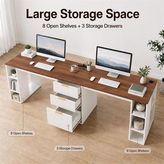 NORTHSKY 96.5" 2 Person Desk with Power Outlet & USB Ports, Double Computer Desk with Drawers & Storage Shelves, Modern Fluted Home Office Desk, White