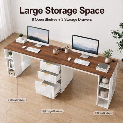 NORTHSKY 96.5" 2 Person Desk with Power Outlet & USB Ports, Double Computer Desk with Drawers & Storage Shelves, Modern Fluted Home Office Desk, White