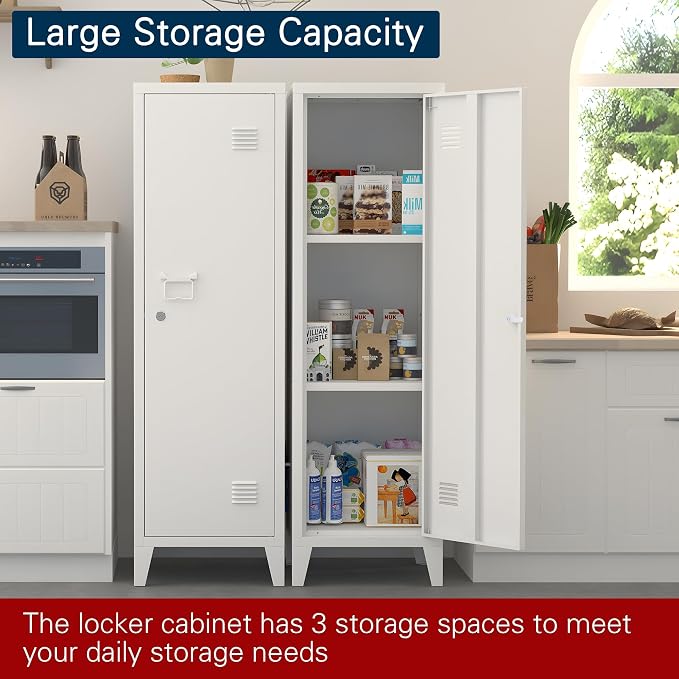 Metal Locker Storage Cabinet Locking Storage Cabinet with Door and Removable Shelves Narrow Storage Cabinet for Kitchen Pantry Bathroom (White)