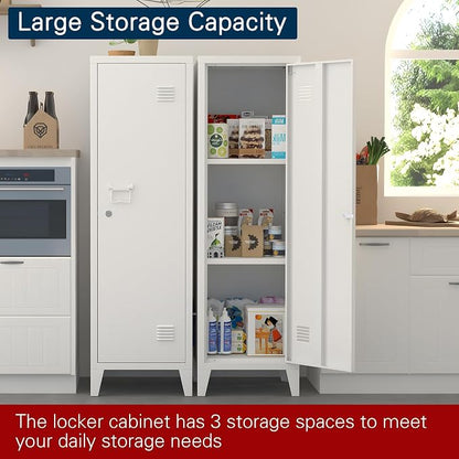 Metal Locker Storage Cabinet Locking Storage Cabinet with Door and Removable Shelves Narrow Storage Cabinet for Kitchen Pantry Bathroom (White)