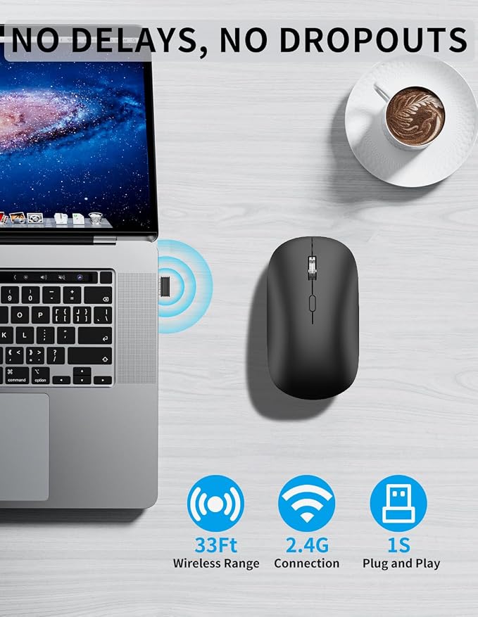 2.4G 2ireless Mouse is Suitable for Laptops PC、MacBook、Chromebook， Portable Optical Computer, Lightweight Mouse with USB Receiver, Silent Wireless Mouse, 2400 DPI, Black