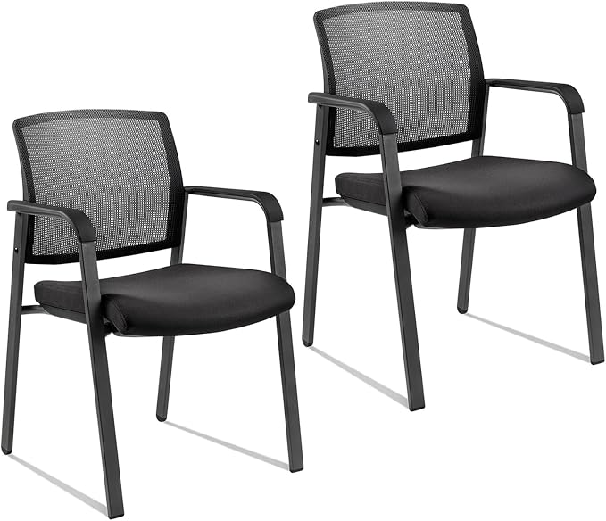 CLATINA Guest Reception Stacking Office Chairs with Arm, Mesh Back Waiting Room Chair with Upholstered Fabric Seat and Ergonomic Lumbar Support for Office Conference School Church, Black-2 Pack