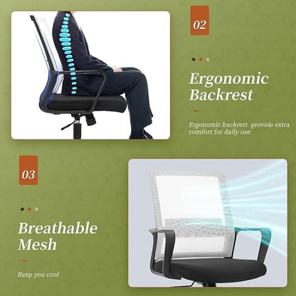 Office Chair Ergonomic Chair Mid Back Mesh Desk Chair Adjustable Height Swivel Mesh Chair Computer Chair with Armrest Lumbar Support,White