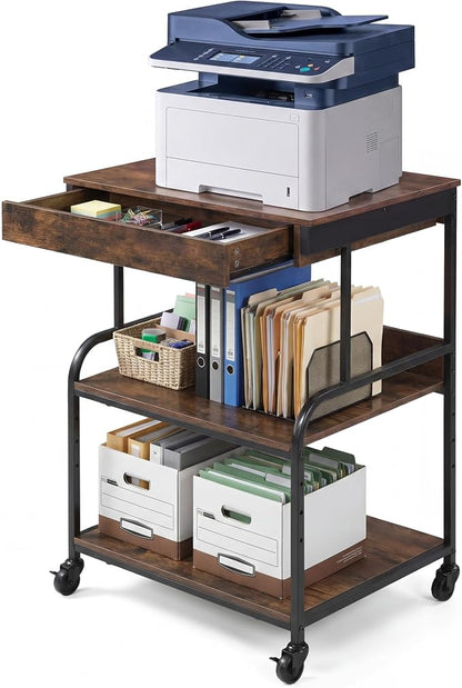 3 Tier Printer Stand with Drawer – Rolling Printer Cart on Wheels for Home Office, Adjustable Shelf & Heavy Duty Steel Frame, Large Printer Table for Scanner Fax Copier,23.6''x18.9''