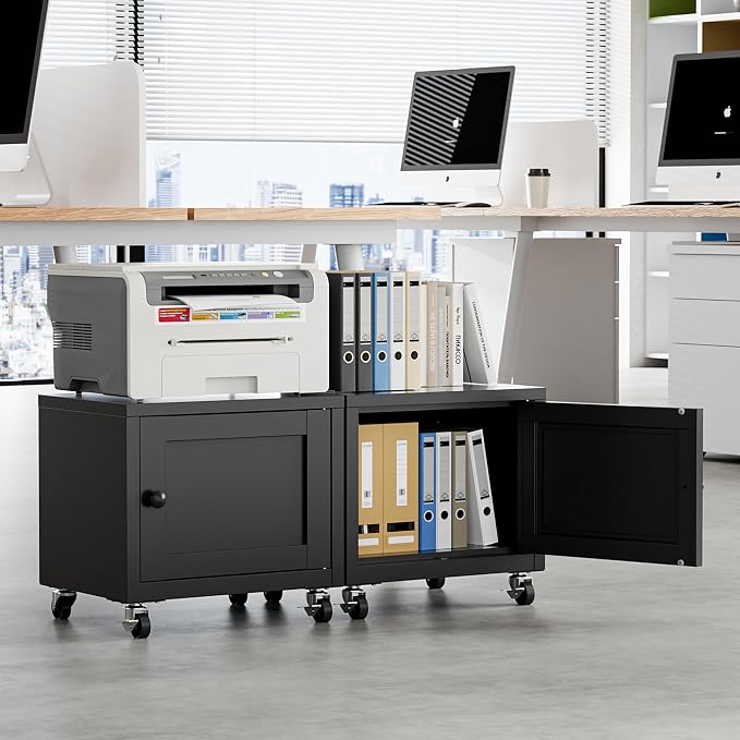 Small Printer Stand with Storage, Home Office Printer Table for Small Spaces, Under-Desk 3D Printer Stand with Wheels, for Office Copier and Fax Machine, Black