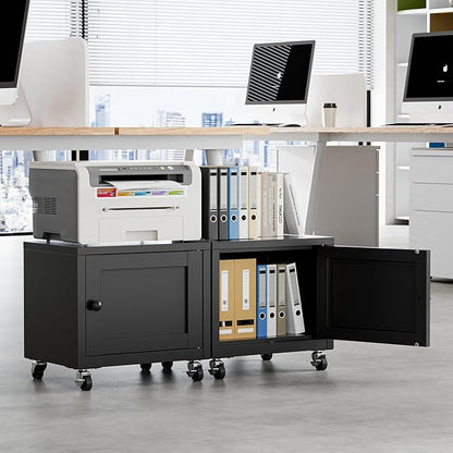 Small Printer Stand with Storage, Home Office Printer Table for Small Spaces, Under-Desk 3D Printer Stand with Wheels, for Office Copier and Fax Machine, Black
