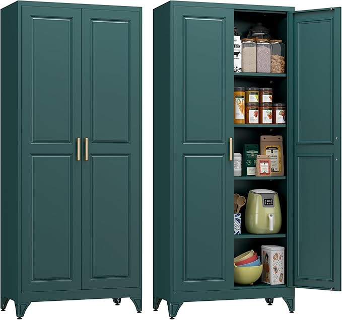 Polup Metal Storage Cabinet,75" Tall Kitchen Pantry Storage Cabinet with Doors and Adjustable Shelves, Green Metal Pantry Cabinets, Large Cupboard for Kitchen, Dining Living Room, Bathroom, Office