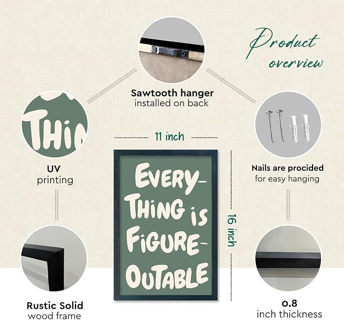 YWJKWLGS Everything is Figureoutable Wall Art, 11x16 Frame Motivational Quote Office