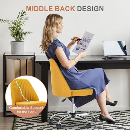 DUMOS Office Chair, Comfy Desk Chair Rolling Vanity Swivel Task Chairs with Wheels, Wide Seating Armless Height Adjustable Computer Chairs for Home,Bedroom,Student,Adults, Dark Yellow