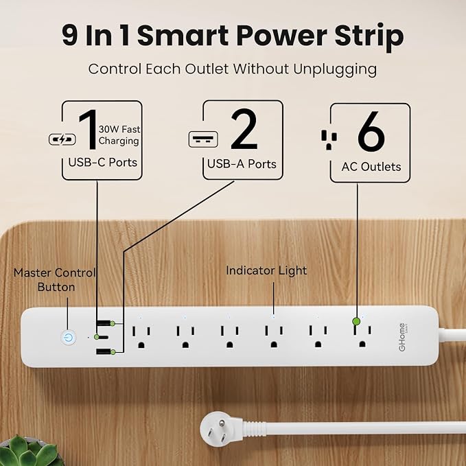 GHome Smart Power Strip 15A, 2.4G WiFi Smart Plugs That Work with Alexa & Google Home, Surge Protector Flat Plug with 6 APP Control WiFi Outlets, FCC Listed, 7.18 Ft Flat Extension Cord, No Hub Needed