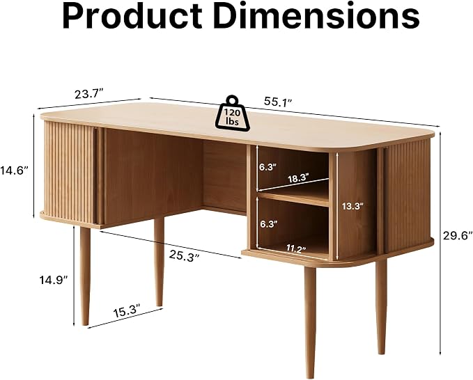 MAISONARIA 55" Modern Writing Desk with Storage, Wood Home Office Desk with Sliding Doors, Computer Desk for Home Office, Dorm, Living Room, Home Study Table, Natural