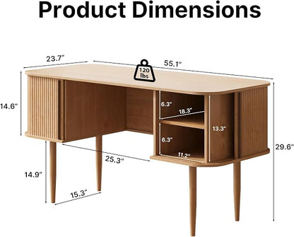 MAISONARIA 55" Modern Writing Desk with Storage, Wood Home Office Desk with Sliding Doors, Computer Desk for Home Office, Dorm, Living Room, Home Study Table, Natural