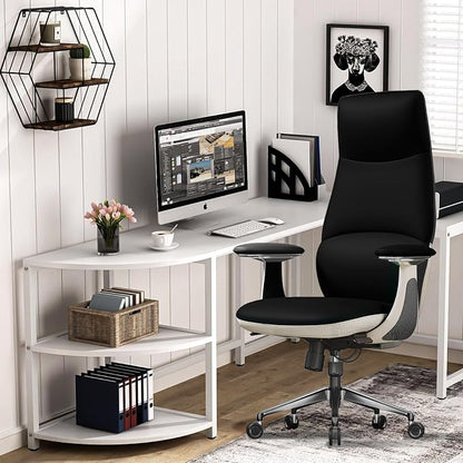 Ergonomic Genuine Leather Office Chair, Executive Chair with Tilt Adjustable High Back and Lumbar Support, 400lbs Weight Capacity Metal Base with 360° Flexible Wheels (New Black)