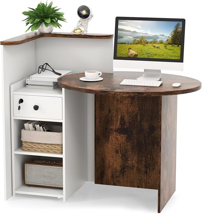 Tangkula Reception Desk, Front Counter Desk with Lockable Drawer & Adjustable Shelf, Oval Desktop, Retail Counter for Checkout, Computer Workstation for Salon Lobby Office, Home Office Desk