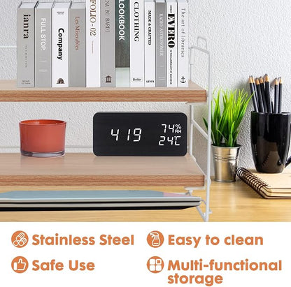 PowerKing Desk Shelf Organizer, 2-Tier Desktop Shelves with Wood Board, Adjustable Bookshelf Storage Rack for Home Office School Study Room (White Frame + Original Wood)