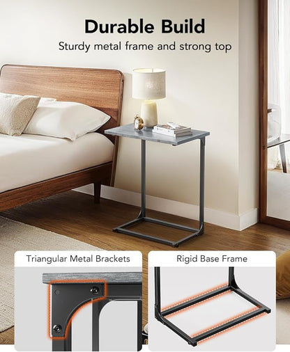 Pipishell C-Shaped Side Table, C Table for Sofa with Two-Piece Desktop & Metal Frame, Large Surface End Table for Living Room, Bedroom, Bedside, Rustic Design, Grey