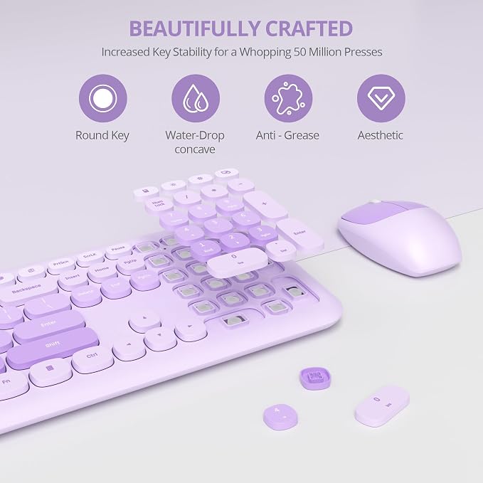 Surmen Cute Purple Keyboard and Mouse Wireless Silent, Full-Size Retro Typewriter Wireless Quiet Keyboard Mice Set Low-Noise 2.4GHz for Computer, Desktop, Laptop(6-Diary Purple)