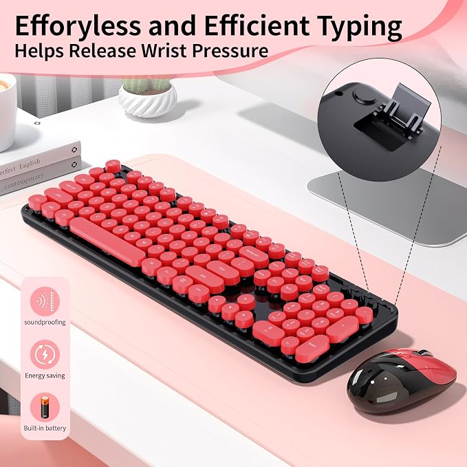 Wireless Keyboard and Mouse, 104 Round Keycaps Retro Typewriter with OTG & Brush, Full-Size Ergonomic, Ideal for Windows PC, Home, Office and College Black Red