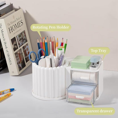 Anyoifax 360° Rotating Pen Holder 7 Slots Desk Organizer with Drawer Removable Pencil Cup Plastic Art Supplies and Accessories Desktop Storage Box Caddy for Office, School, Home (White)