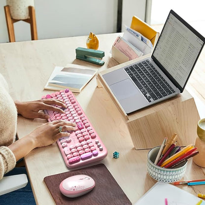 Atelus Wireless Keyboard and Mouse, Typewriter Full Size Keyboard with Number Pad and 2 in 1 USB Connected Mouse for Windows 7/8/10, Laptop, Desktop, PC, Computer (Pink Colorful)