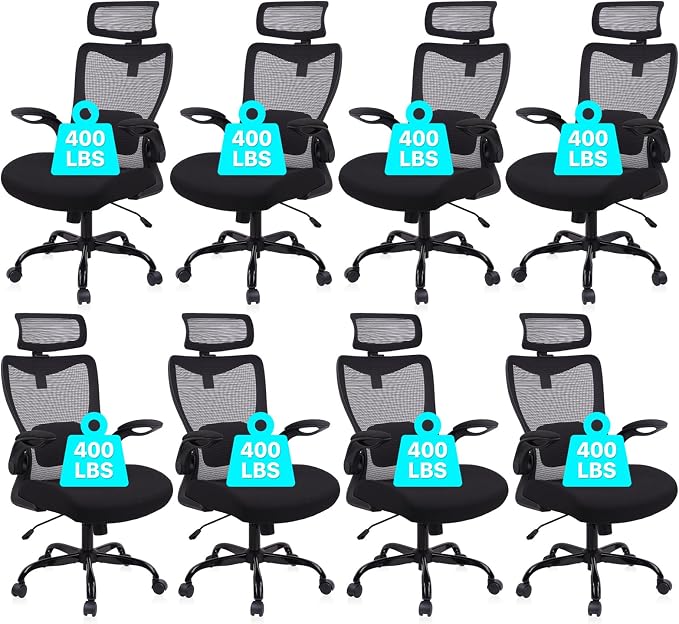 CLATINA Heavy Duty Ergonomic Mesh Office Chair 400LBS, Big and Tall Desk Chair with Adjustable Lumbar Support & Headrest, Flip Up Padded Arms, High Back Computer Chair for Home Office, Black, 8 Pack