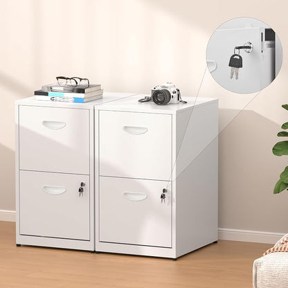 2 Drawer File Cabinet with Lock,White Small Filing Cabinet for Home Office, Metal Vertical File Under Desk Cabinets for A4/Letter,Assembly Required
