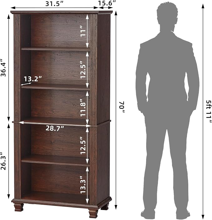 SAVOR LIFE 70" Tall Walnut Bookshelf,5 Tier Wooden Book Shelf with Adjustable Shelves & Wood Legs,Free Standing Farmhouse Bookcase with Open Display Storage,Vintage Bookshelves for Classroom, 3PCS