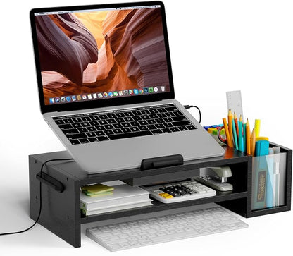 AFOOYO Adjustable Wood Laptop Stand, Ergonomic Height & Angle Computer Riser with Pen Holder – Compatible with MacBook Air/Pro, Dell, HP, Lenovo & 10-17.3" Notebooks – Black